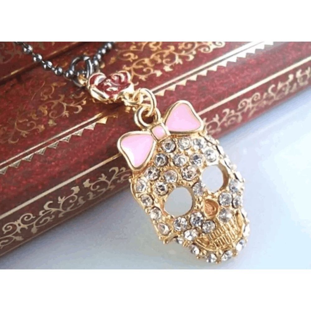 Crystal Skull Pink Ribbon Pendant Chain Fashion Necklace
